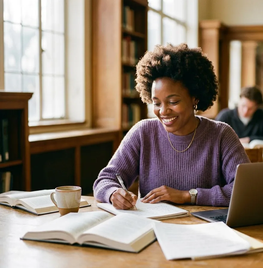 An adult learner smiling while studying in a library